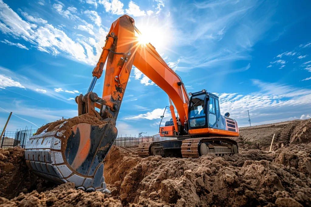 photo of an orange and black small excavator digging in the ground