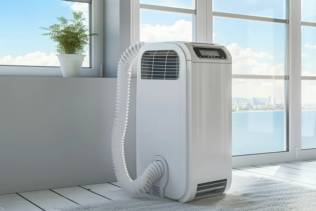 portable air conditioner with a long white tube