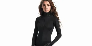 women's black long sleeve wetsuit full body unitard with front zipper and high neck