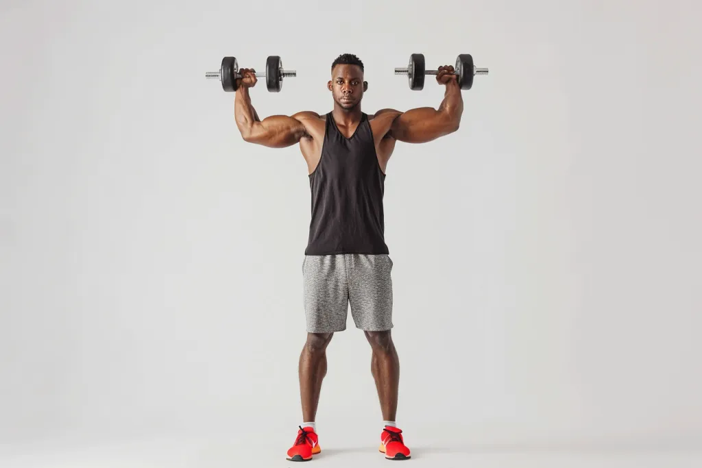 an African American is performing the Dumbbell