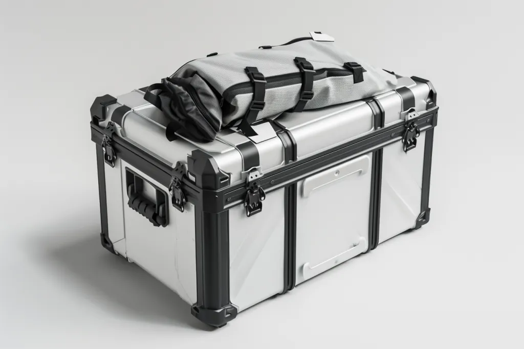 an aluminum pannier case with black accents and white background