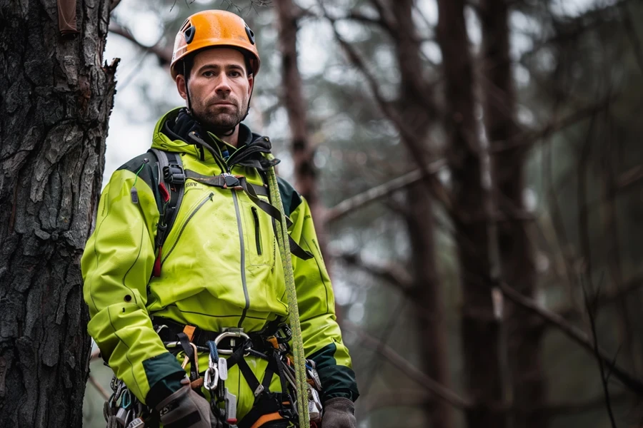 an arborist wearing a high visibility rain jacket