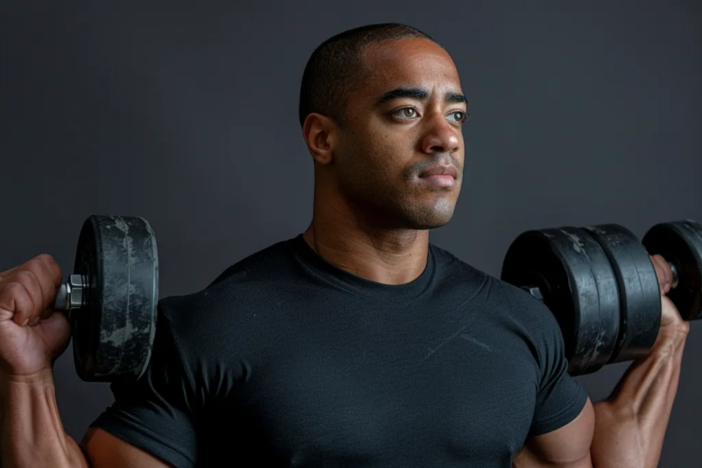 an athletic man in a black t-shirt lifting weights