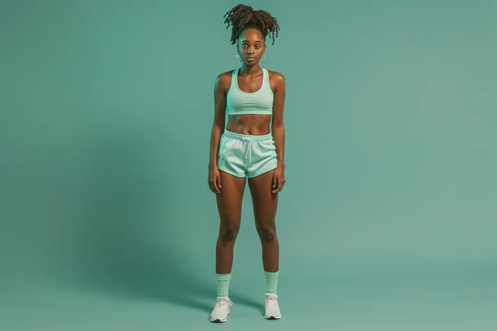 an attractive black woman wearing athletic shorts and a tank top