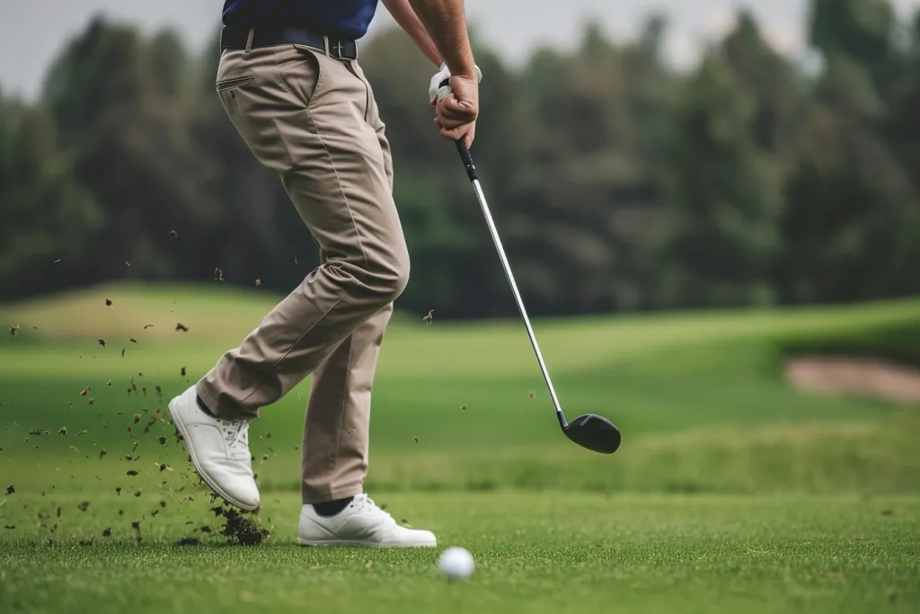 an attractive man playing golf wearing khaki chinos