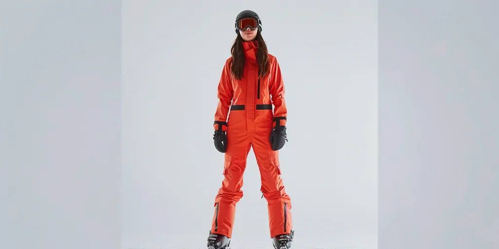 an attractive woman wearing coral colored ski jumpsuit with black accents