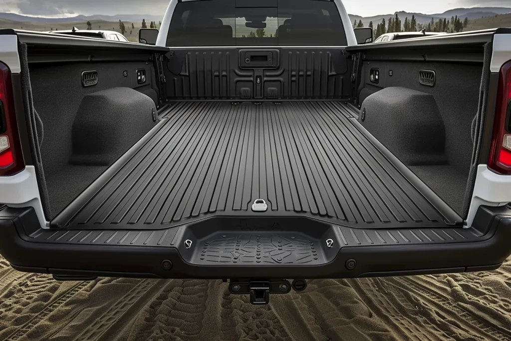 an empty black tailgate bed mat for the trunk area