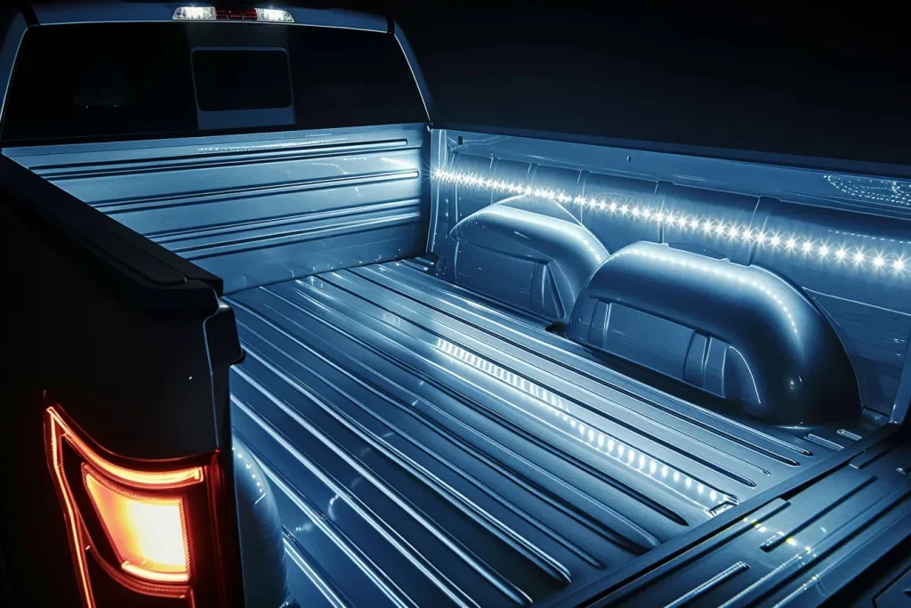 an empty truck bed with LED lights and silver trim