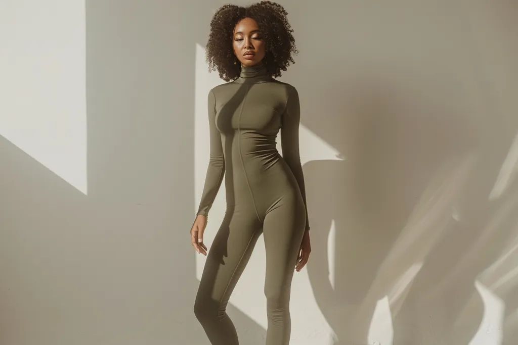 an olive green seamless long sleeve bodysuit with high neck collar