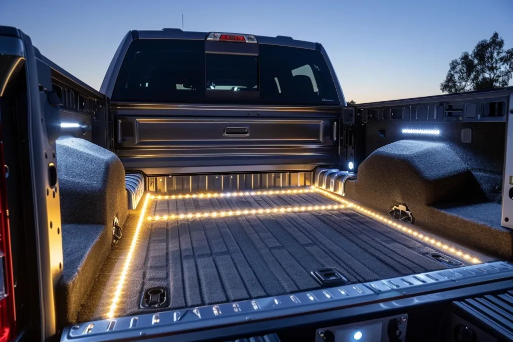 an open truck bed with LED lighting and carpeted area