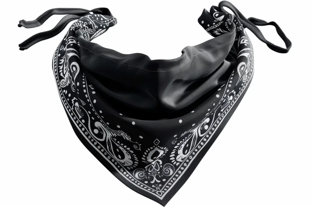 black bandana with a white paisley design on it