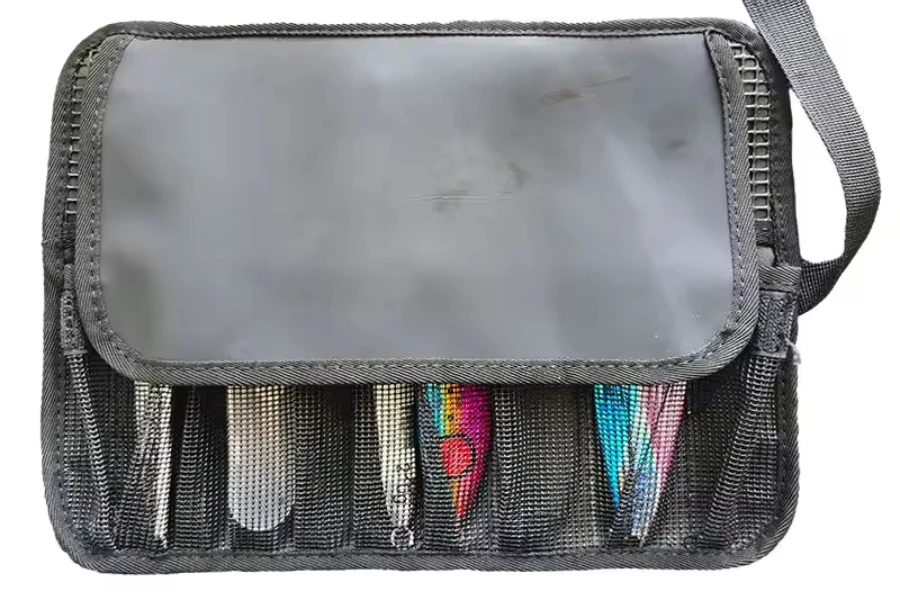 Black fishing wallet with fishing lures inside it