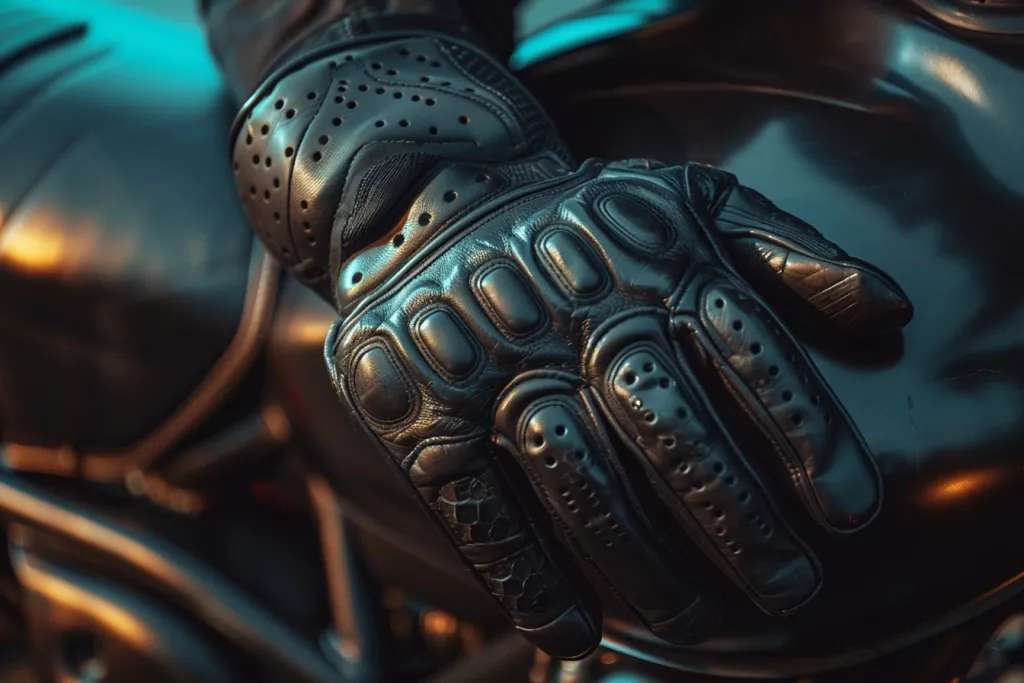 black leather driving gloves with holes on the fingers, sitting next to motorcycle seat