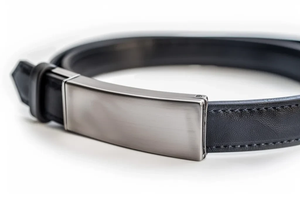 black leather male gun belt with stainless steel sliding metal plate buckle