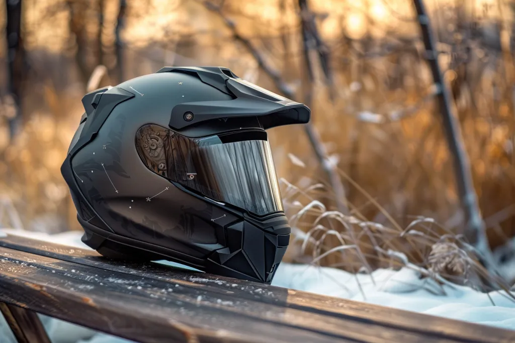 black matte full face motorcycle helmet with visor off on wooden bench