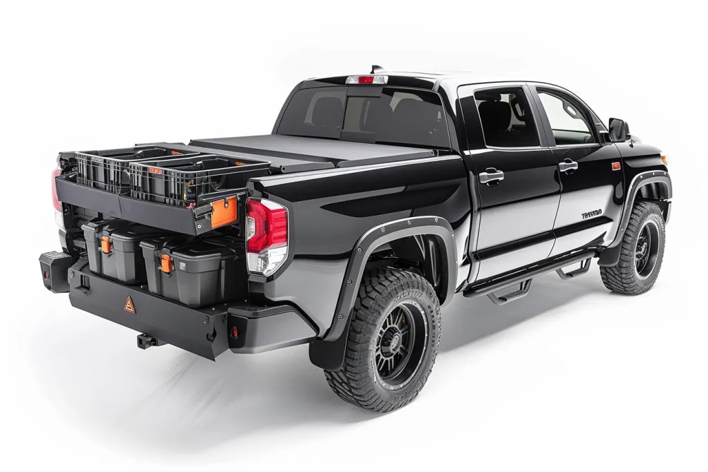 black truck bed storage system with multiple shells