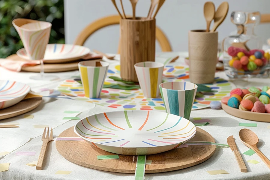 colorful eco friendly stylish bamboo tablewares on a round table for a theme party