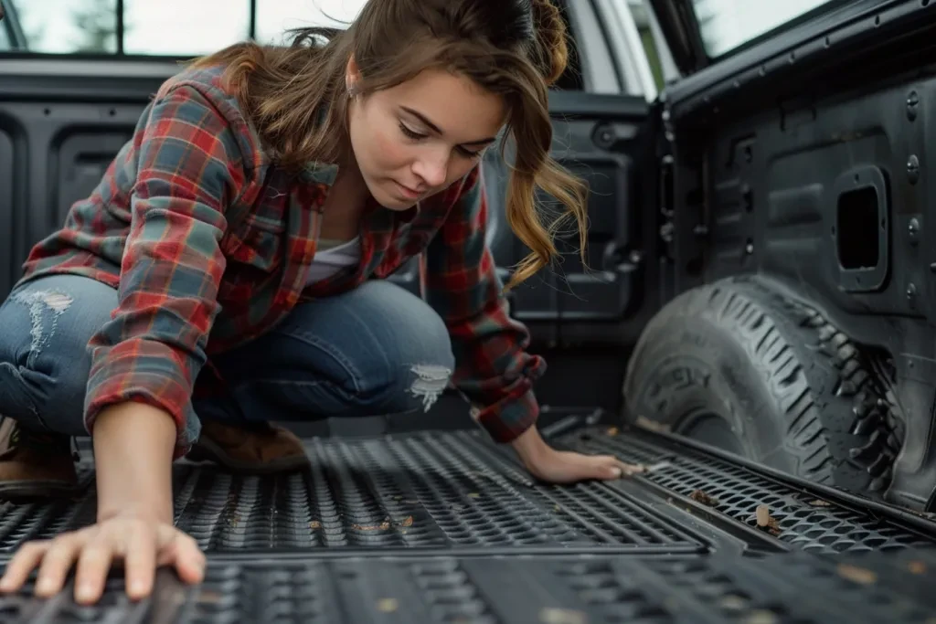 crouching down to touch the black rubber truck bed mat that is laying on its side inside her white pickup trunk