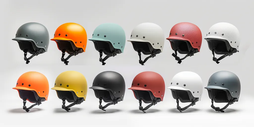 detailed product photo of the ten different colors and styles of half helmets