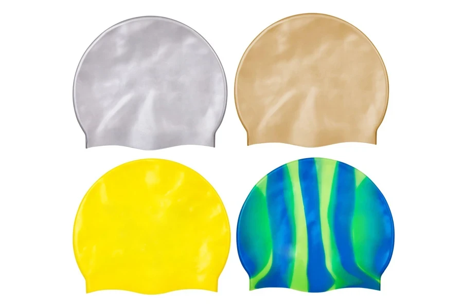 different styles and colors of swim caps