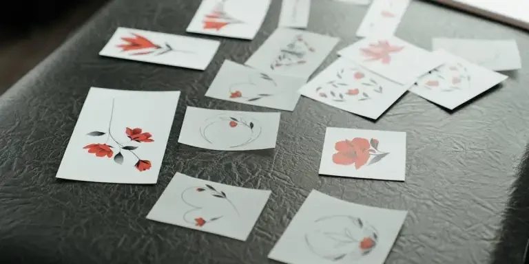 Different tattoo stickers on a leather surface