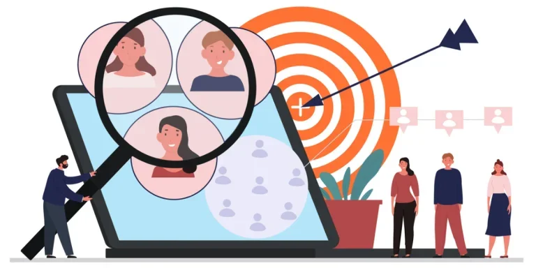 Digital illustration of a magnifying glass looking at people