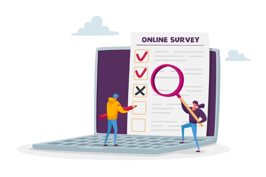 Digital illustration of people conducting an online survey