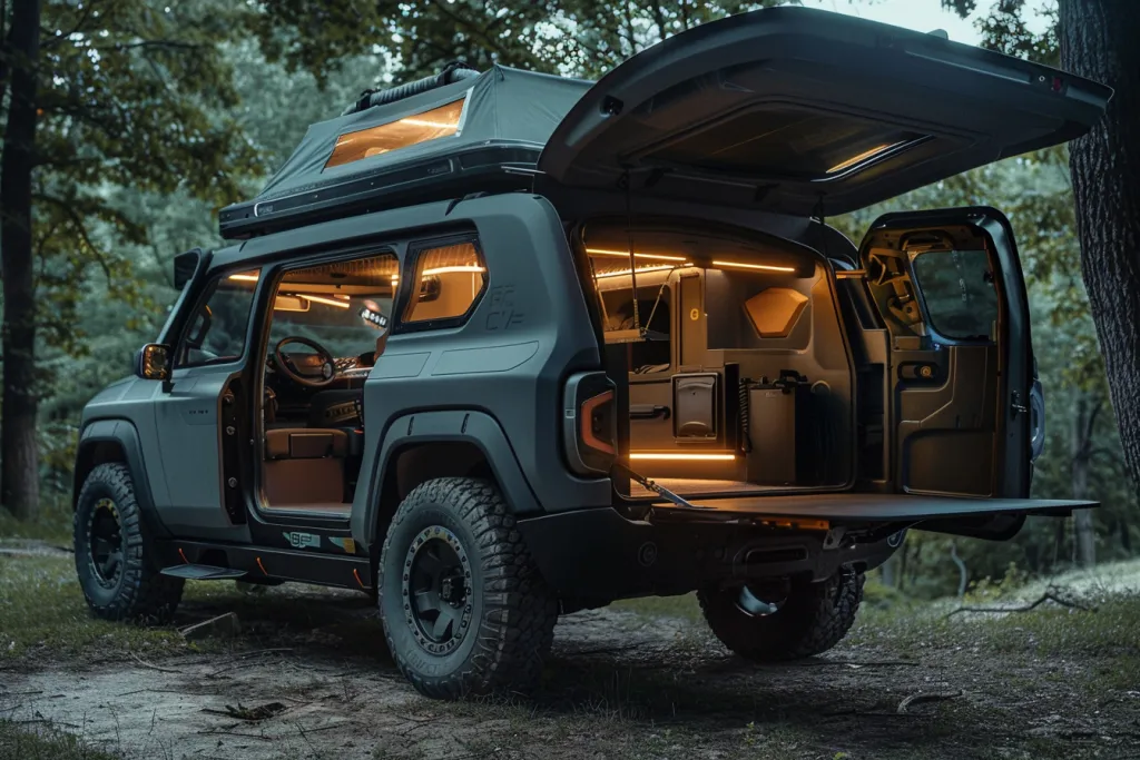 displaying the interior of its rugged camping pod that is a dark grey color