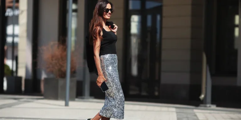 dressed luxurious clothes shiny maxi skirt with sequins