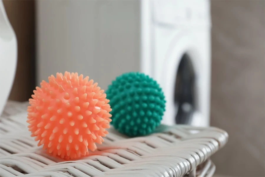 dryer balls on a wicker basket