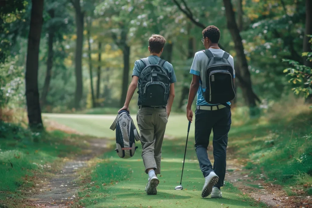 each carrying their golf bag on his back while playing an afternoon game of golf