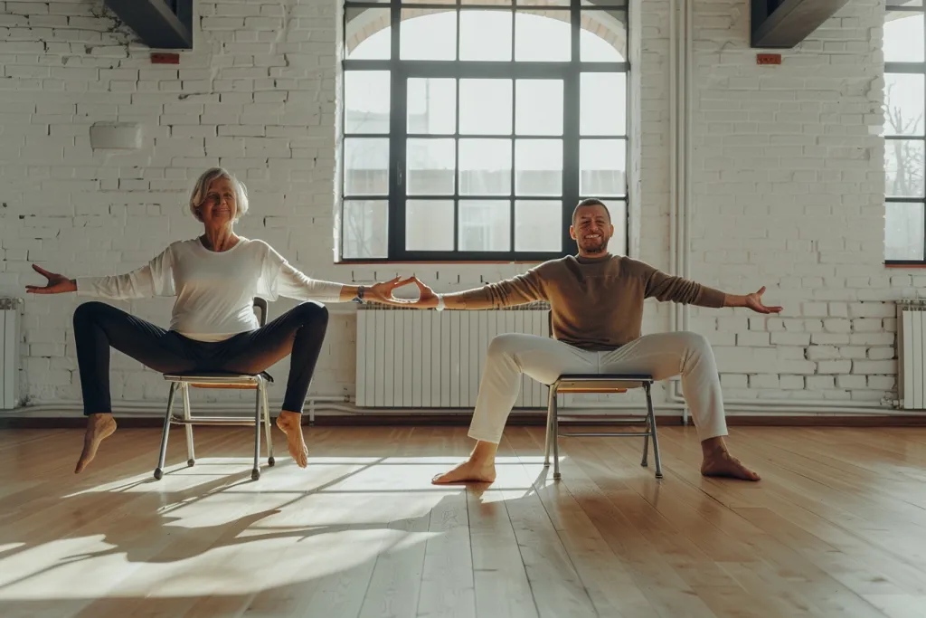 elderly woman and young smiling man doing chair yoga
