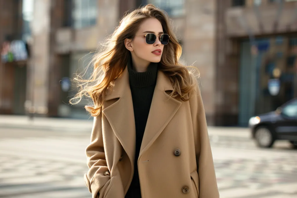 fashion women's long coat beige solid color minimalist style woolen fabric