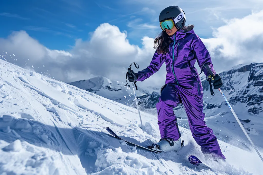 female model wearing a purple shiny one-piece ski suit
