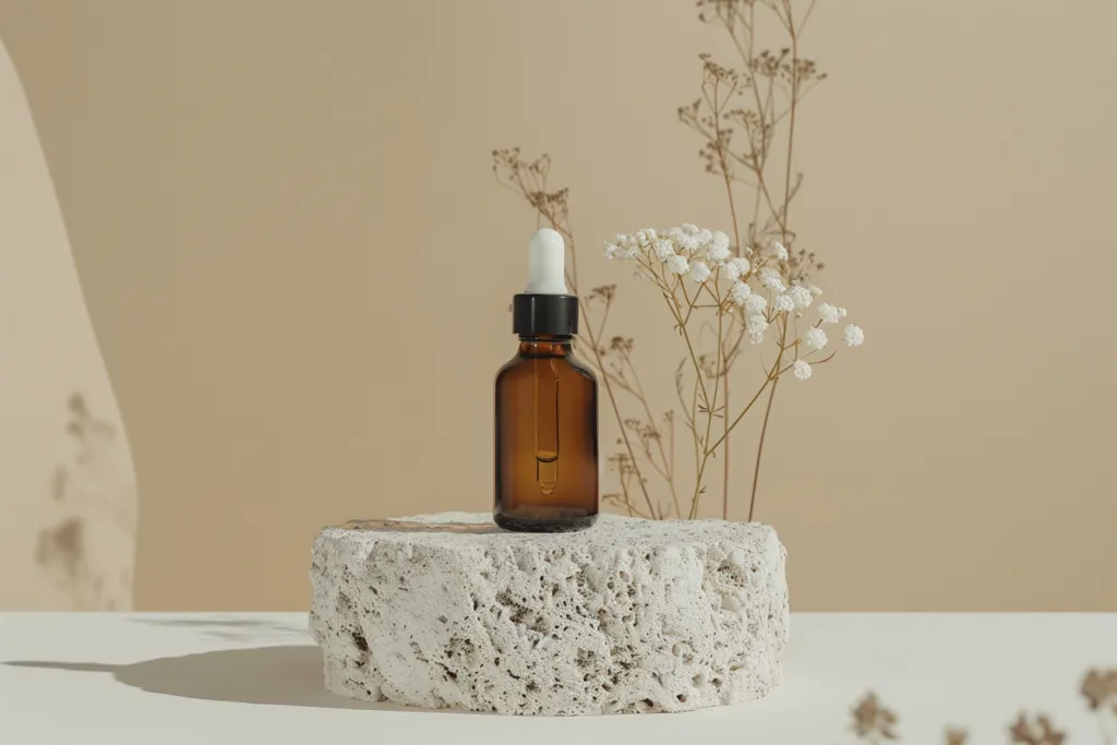 filled with face oil stands on a white stone pedestal against the beige background