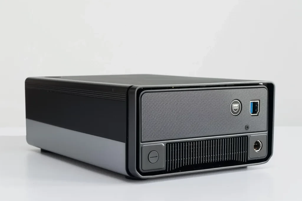 front view of small black mini PC with grey accents