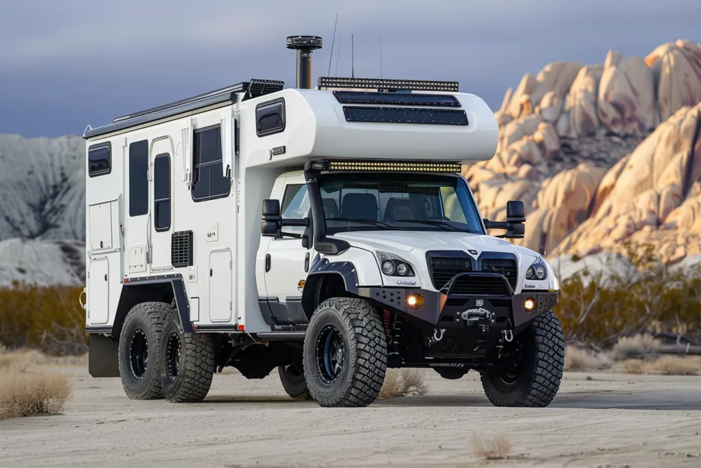 high end truck with large white camper