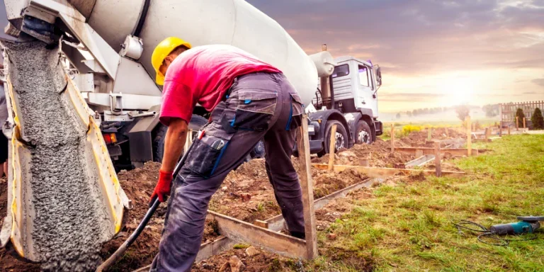 Pouring concrete to the foundations of the building