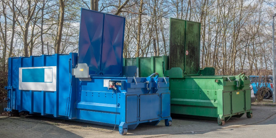two large garbage compactors standing on a hospital site