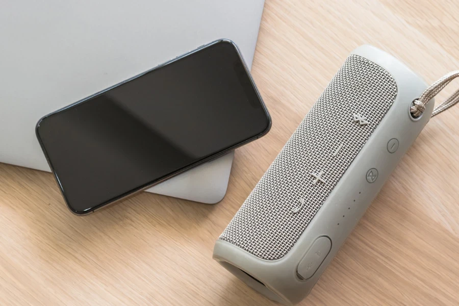 portable speaker on the wooden desk