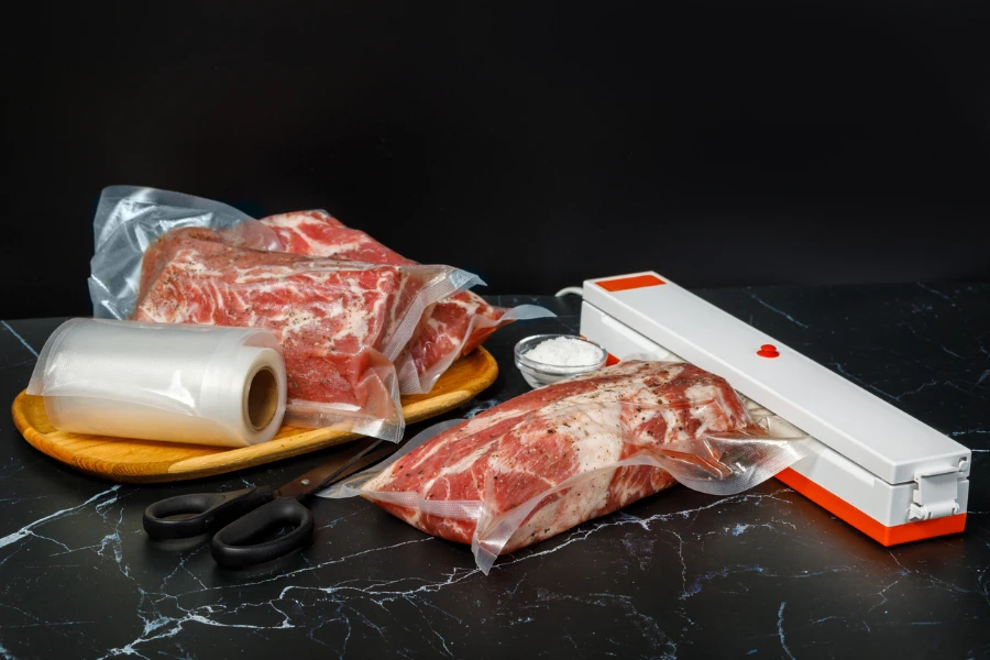 Vacuum sealer machine and meat on a dark background
