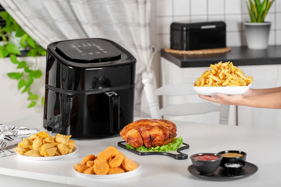 dishes prepared in an aerogrill on the kitchen table
