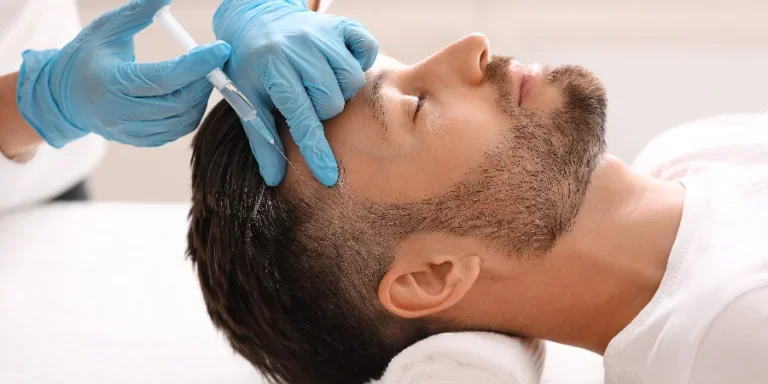 Side view of handsome middle aged man getting hair treatment at beauty salon