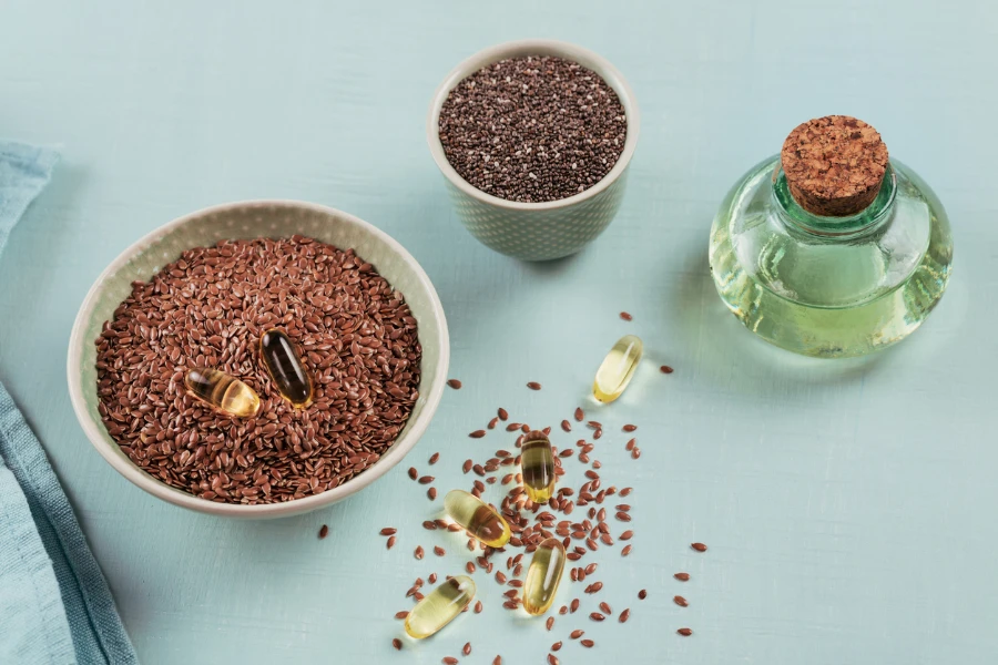 Brown flax seed or linseed and chia in small bowl
