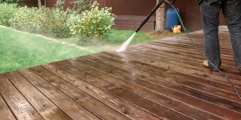 Мужчина моет стены и пол мойкой высокого давления