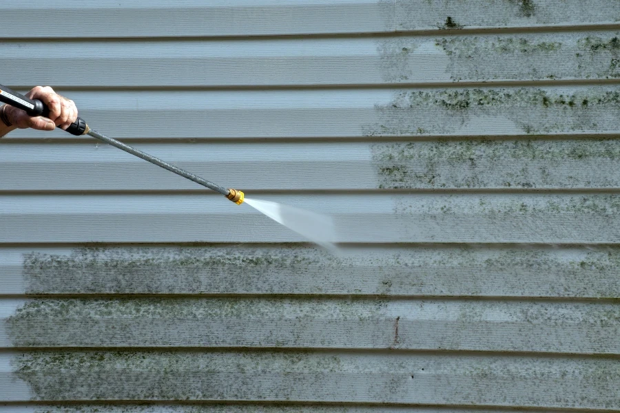 Cleaning the mold from the vinyl siding on this exterior wall
