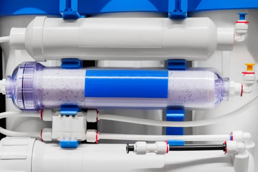 Photo of mounted plastic water filtering and cleaning system
