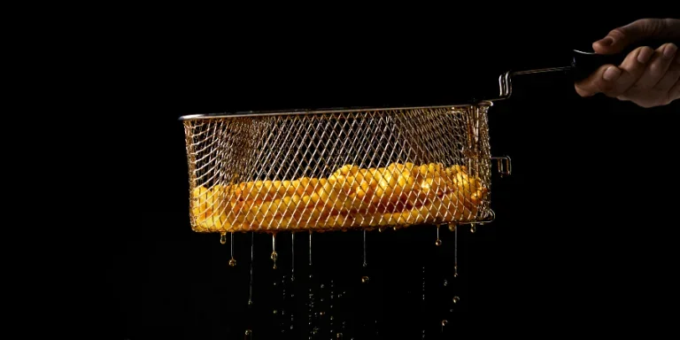 Crop unrecognizable chef holding metal deep fryer basket