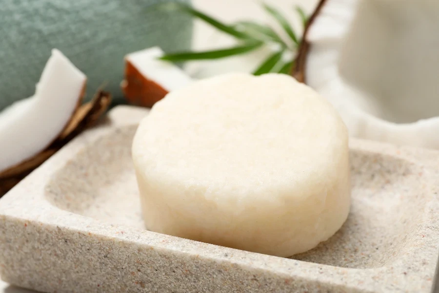 Solid shampoo bar in stone holder
