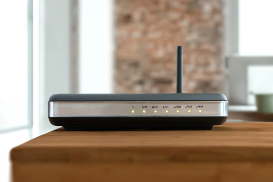 Home internet router on desk from home office